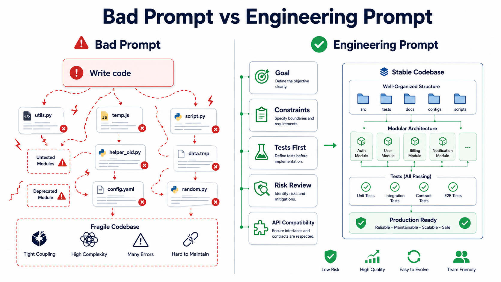 Side-by-side diagram contrasting a chaotic 'Write code' prompt with a structured engineering prompt labeled Goal, Constraints, Tests First, Risk Review, and API Compatibility