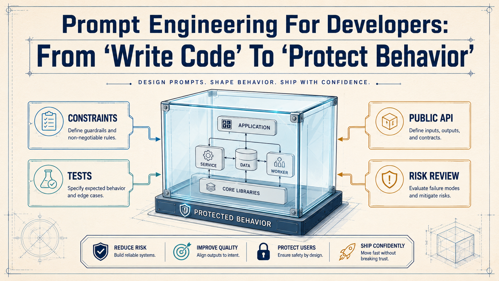 Editorial blueprint cover: a protective glass box around a software system, fed by prompt cards labeled Constraints, Tests, Public API, and Risk Review