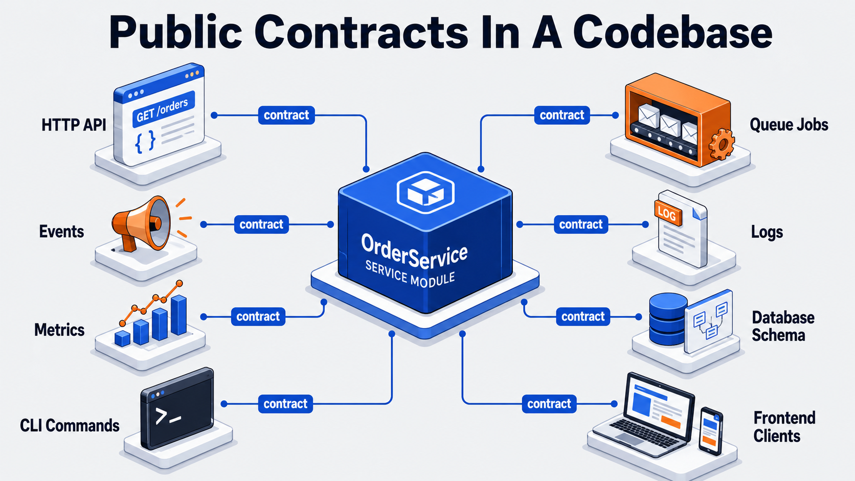 Concept diagram of public contracts in a codebase: a central service connected to HTTP API, queue jobs, events, logs, metrics, database schema, CLI commands, and frontend clients