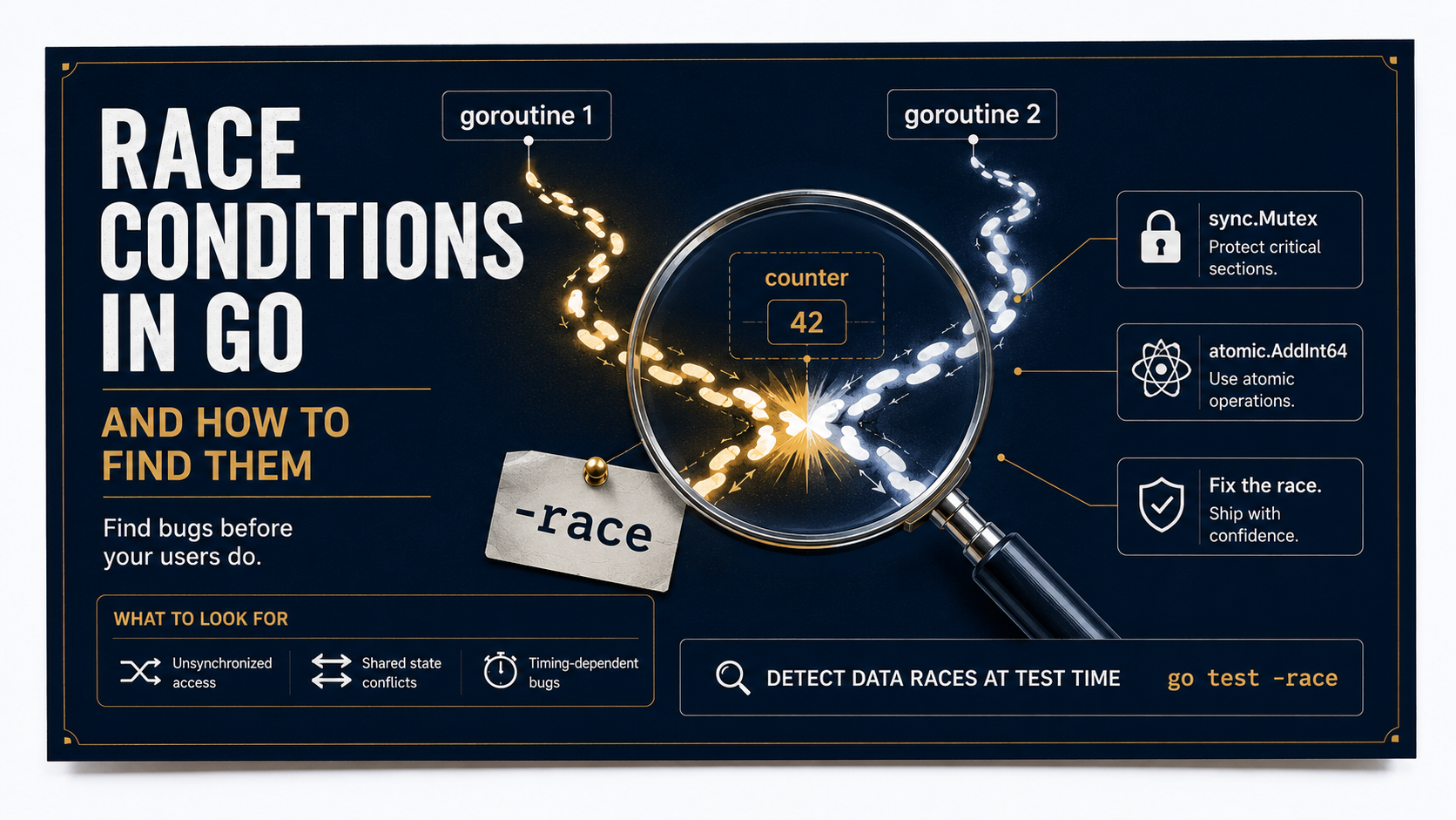 Dark navy editorial cover: a magnifying glass hovering over two goroutine trails colliding on a shared counter variable, with a '-race' evidence tag, labeled goroutine 1, goroutine 2, sync.Mutex, and atomic.AddInt64.