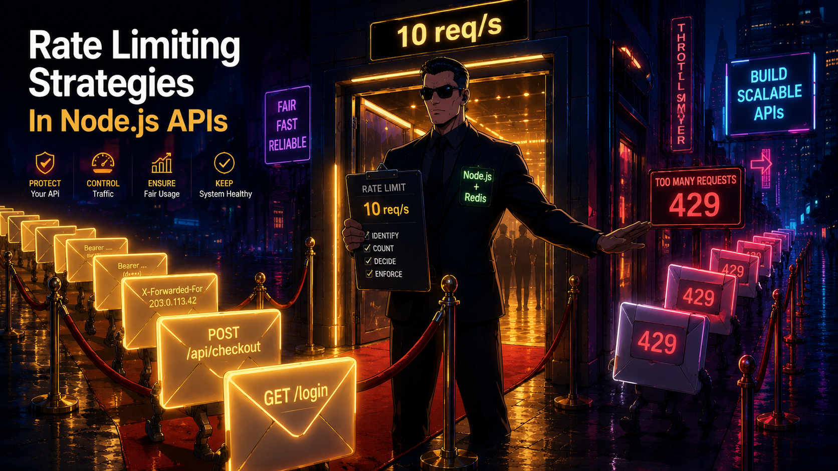 Editorial bouncer-at-a-velvet-rope cover illustrating Node.js plus Redis rate limiting, with request envelopes lining up at a doorway and a side queue of suspicious requests being turned away with a 429