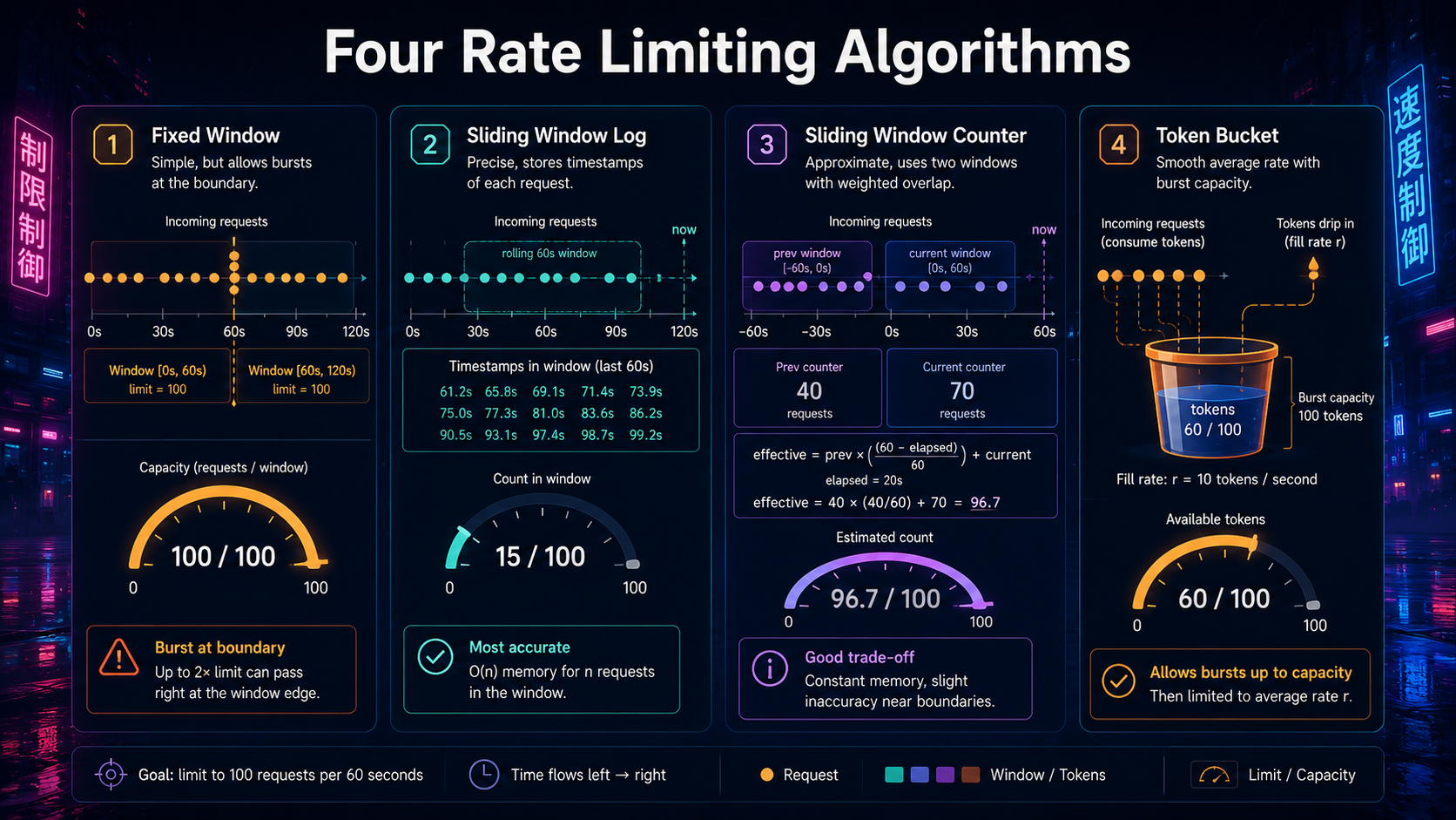 Four rate limiting algorithms compared side by side - fixed window, sliding window log, sliding window counter, and token bucket