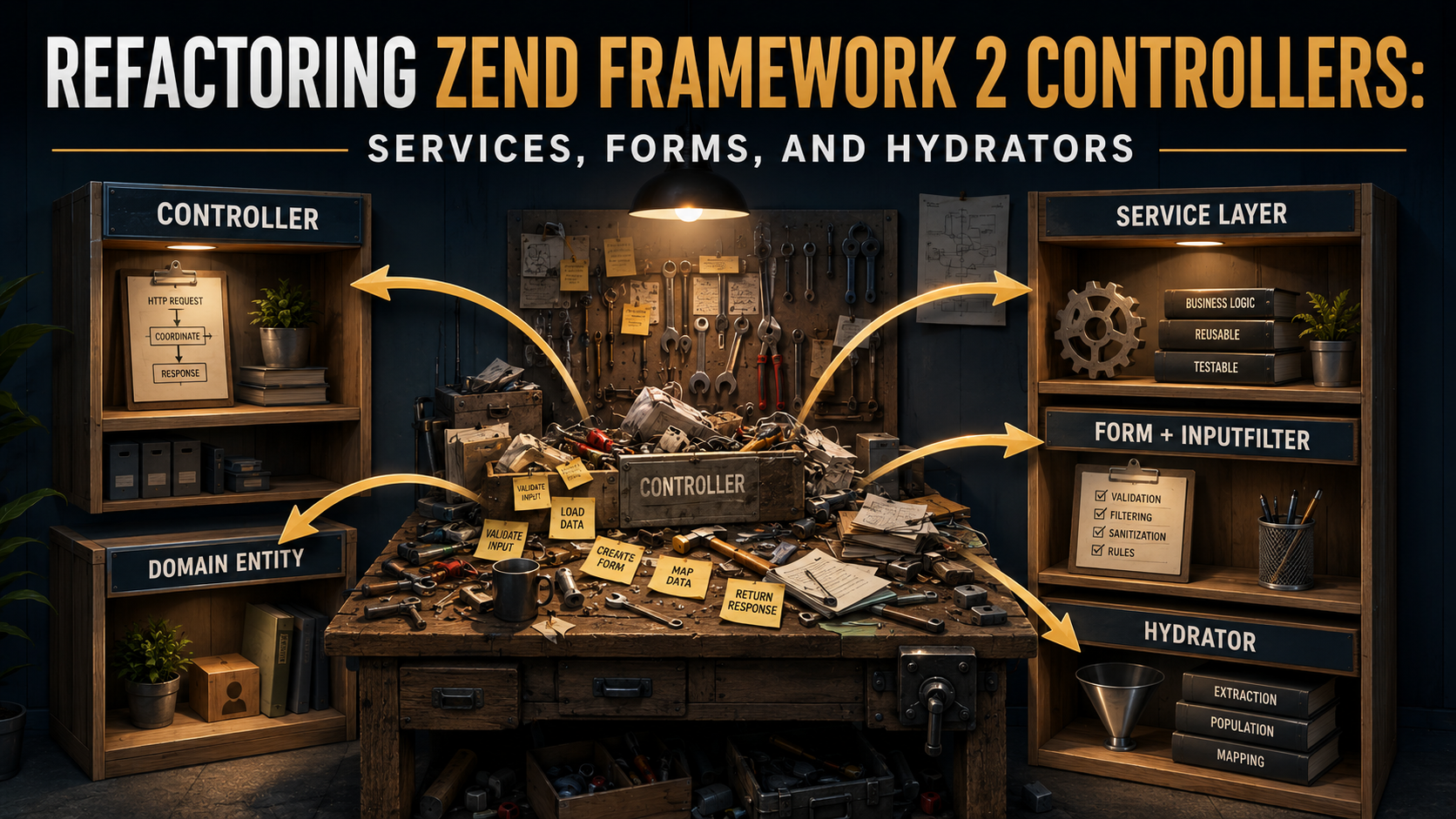 Editorial illustration of a cluttered workshop being reorganized into five labeled shelves (Controller, Service Layer, Form, Hydrator, Domain Entity) with arrows showing responsibilities moving from a central workbench out to each shelf.