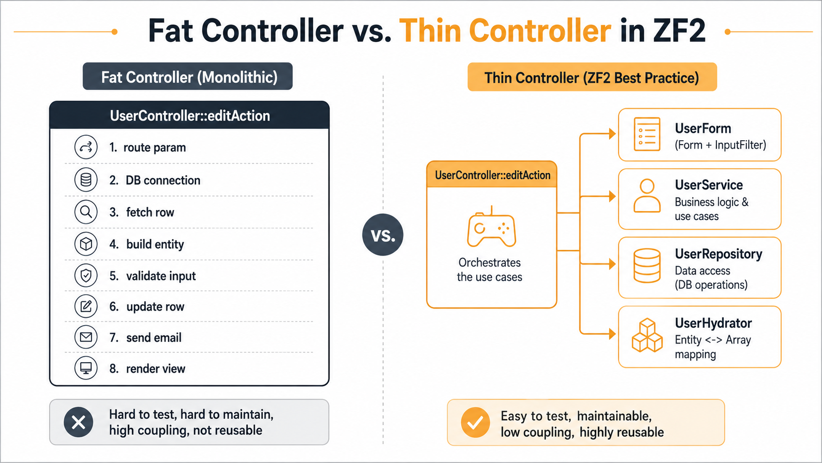 Architecture comparison diagram showing a fat ZF2 controller with eight responsibilities on the left versus a thin controller delegating to UserForm, UserService, UserRepository, and UserHydrator on the right.