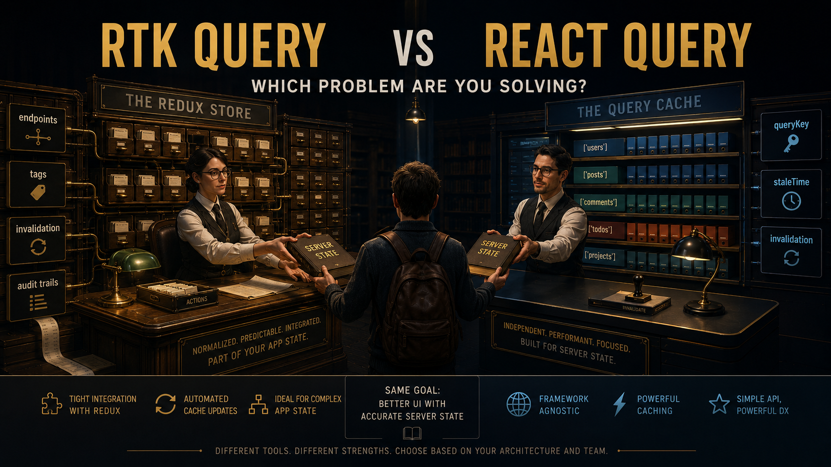 Split-stage cover: two librarians at opposing desks, one labelled The Redux Store with a card catalogue, one labelled The Query Cache, both handing the same server-state book to a reader.