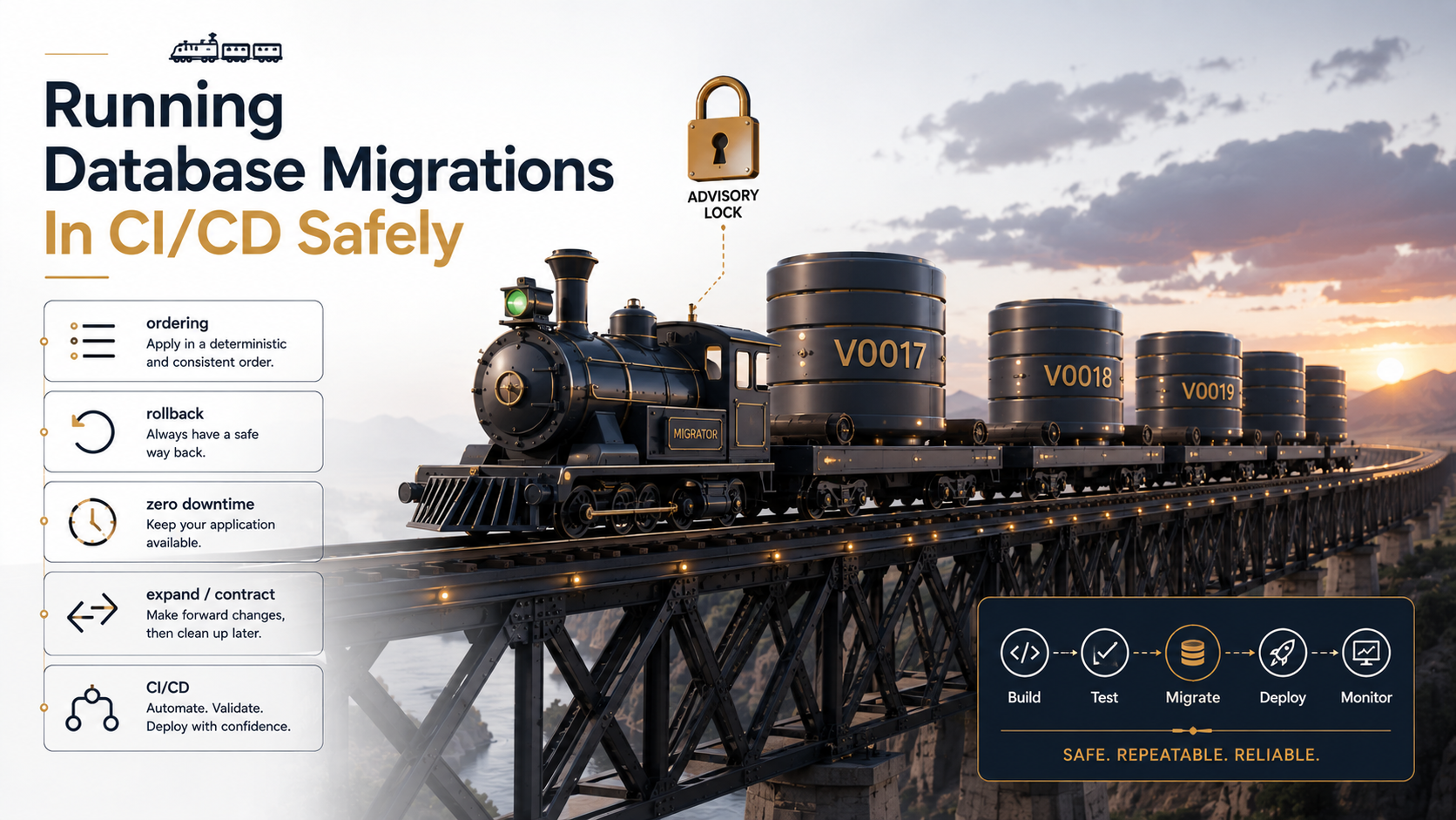 Editorial cover: a freight train of database migration cars labeled V0017, V0018, V0019 crossing a long trestle bridge at dusk, with a green signal lamp at the locomotive and a small advisory-lock padlock floating above it.