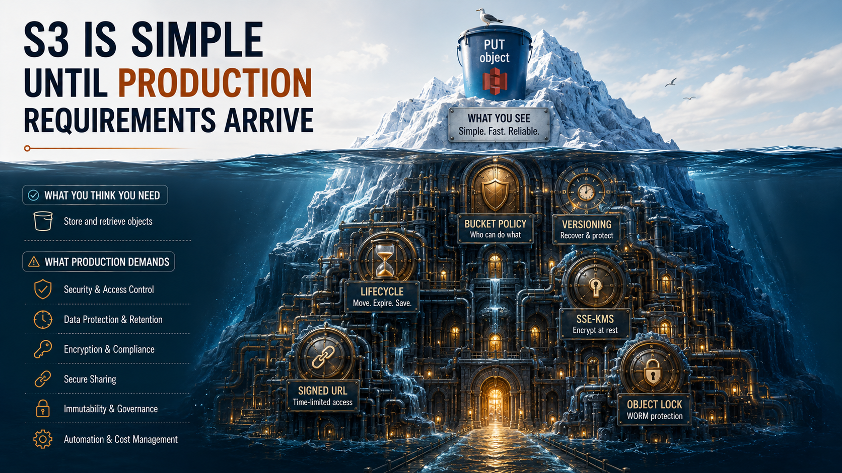 Iceberg illustration: above the waterline a small 'PUT object' file bucket; below the waterline a vast cathedral of vaults, timers, pipes, and key vaults labeled Bucket Policy, Versioning, Lifecycle, SSE-KMS, Signed URL, and Object Lock.