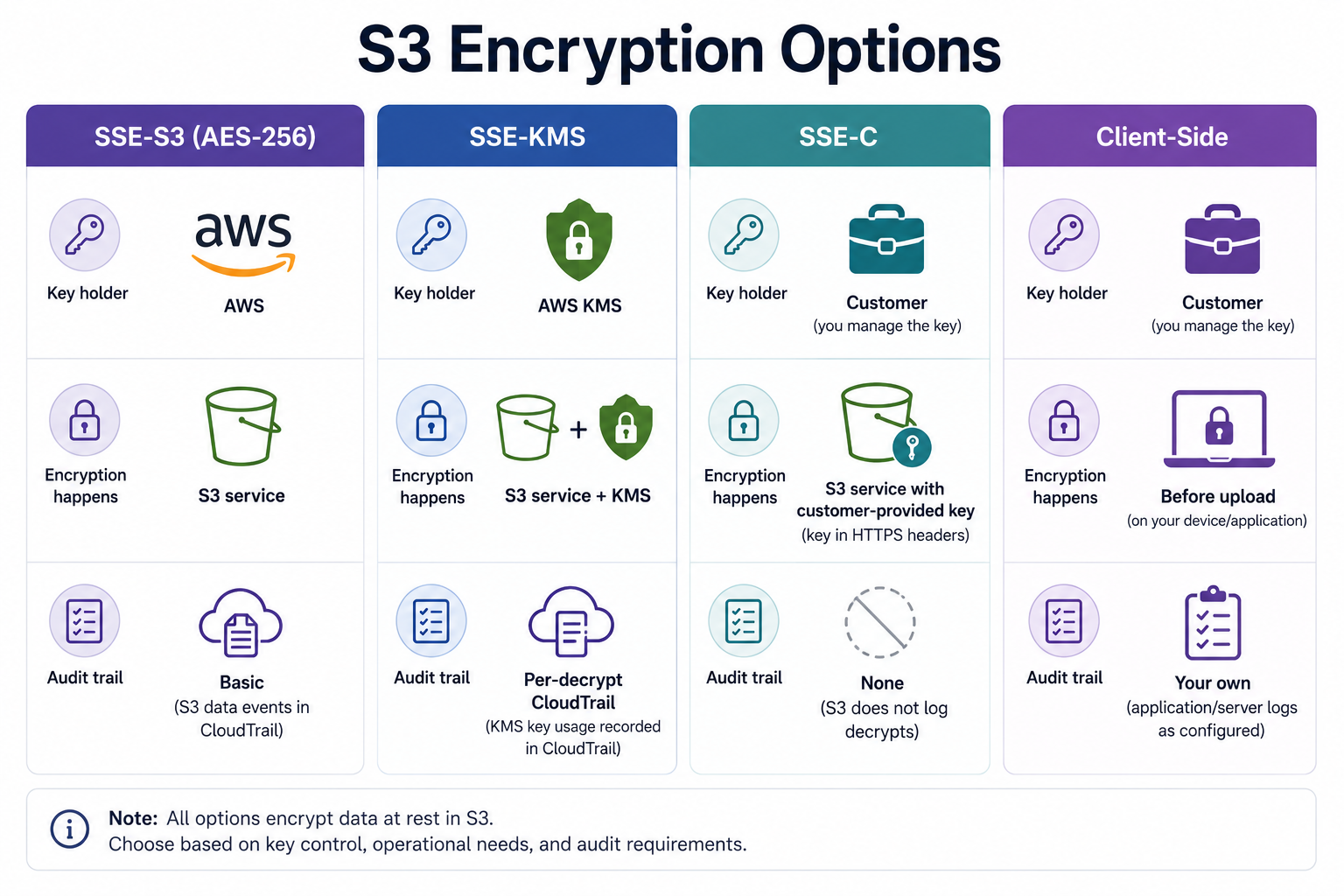 S3 Encryption Options comparison: four columns for SSE-S3, SSE-KMS, SSE-C, and Client-Side encryption, each showing key holder, where encryption happens, and audit trail capabilities.