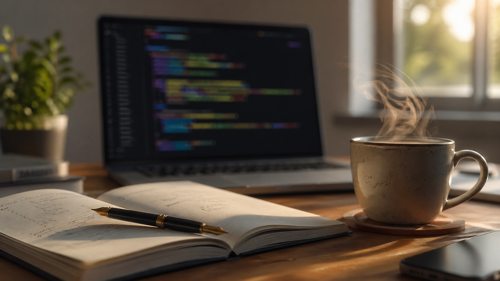 A handwritten notebook open on a wooden desk with a fountain pen and a steaming cup of coffee, a laptop in the background showing colorful code.