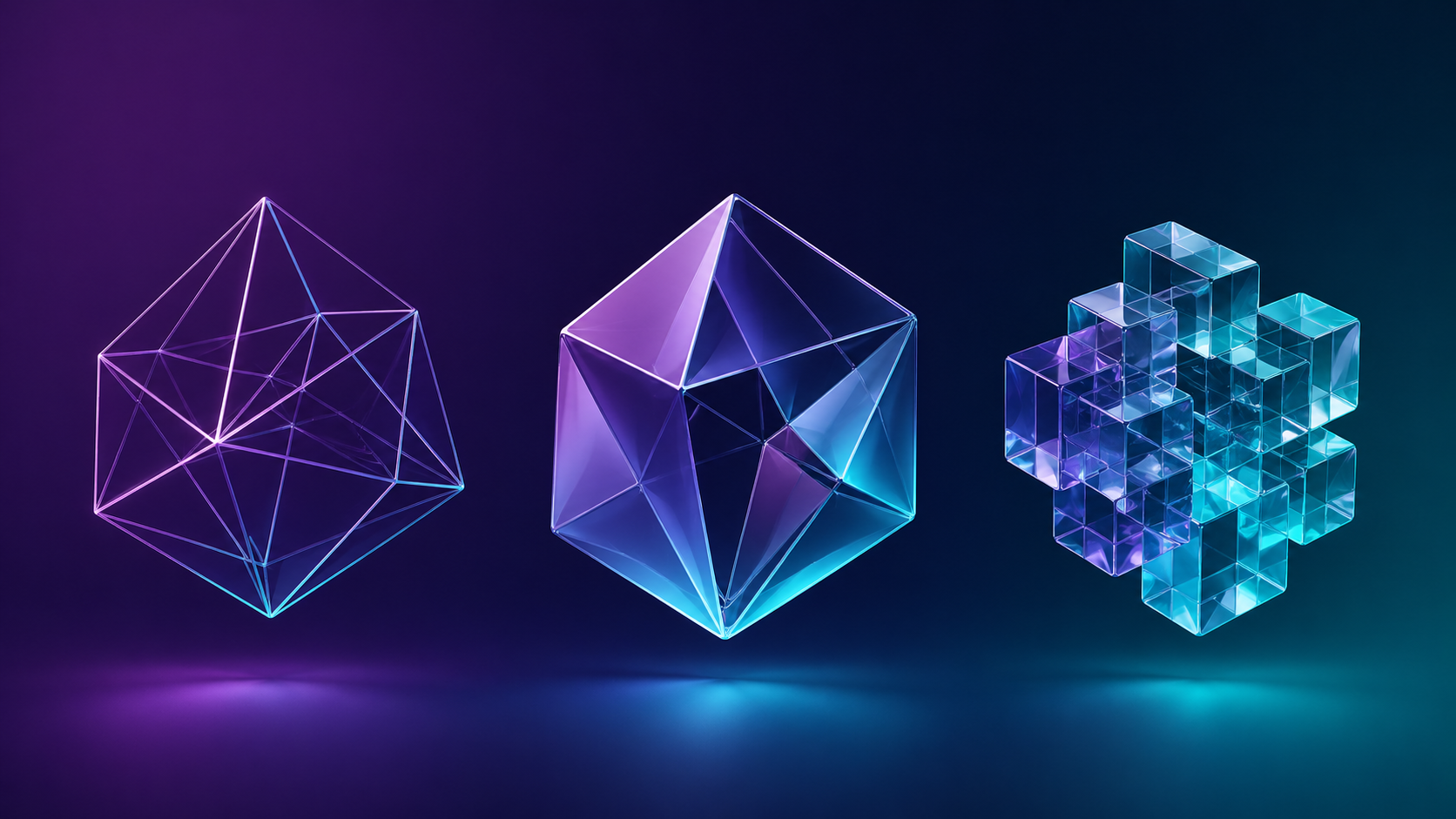 Three glass shapes side by side: a wireframe icosahedron, a solid faceted icosahedron, and a cluster of glass cubes — visual metaphors for an interface, an abstract class, and a trait.