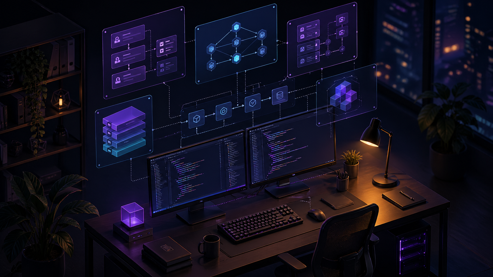A developer's workspace at night, dual monitors showing PHP code with floating holographic system-architecture diagrams above the desk.