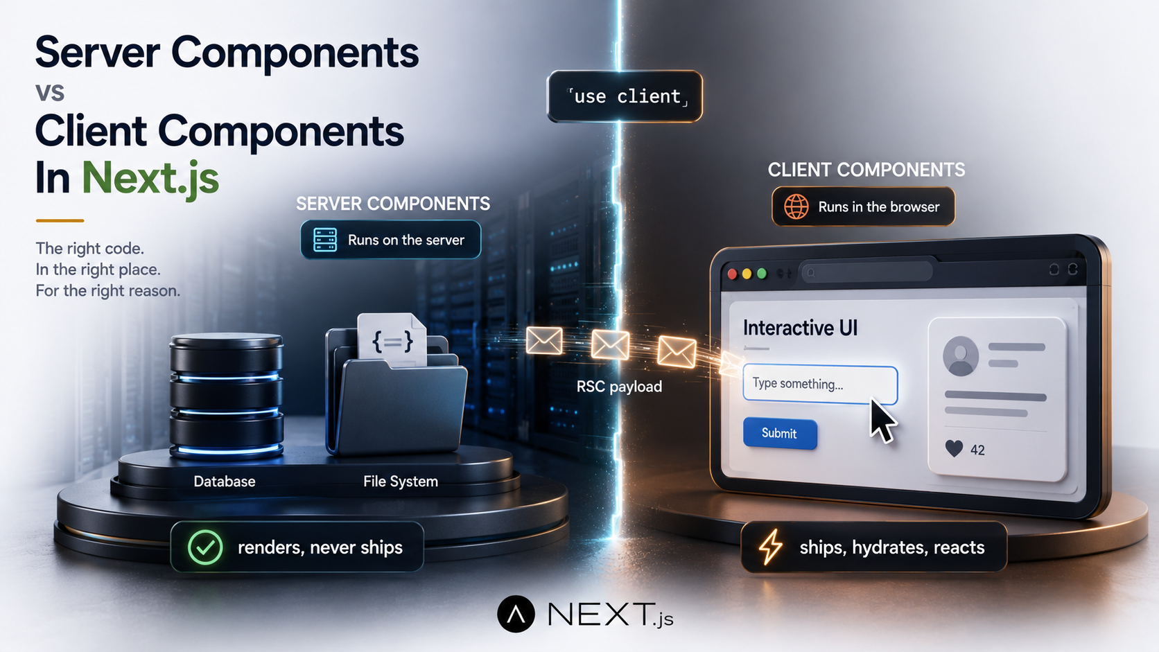 Editorial split-stage cover for Server vs Client Components, with a calm server-room scene on the left and a browser window on the right, divided by a glowing seam labeled use client and crossed by RSC payload envelopes.