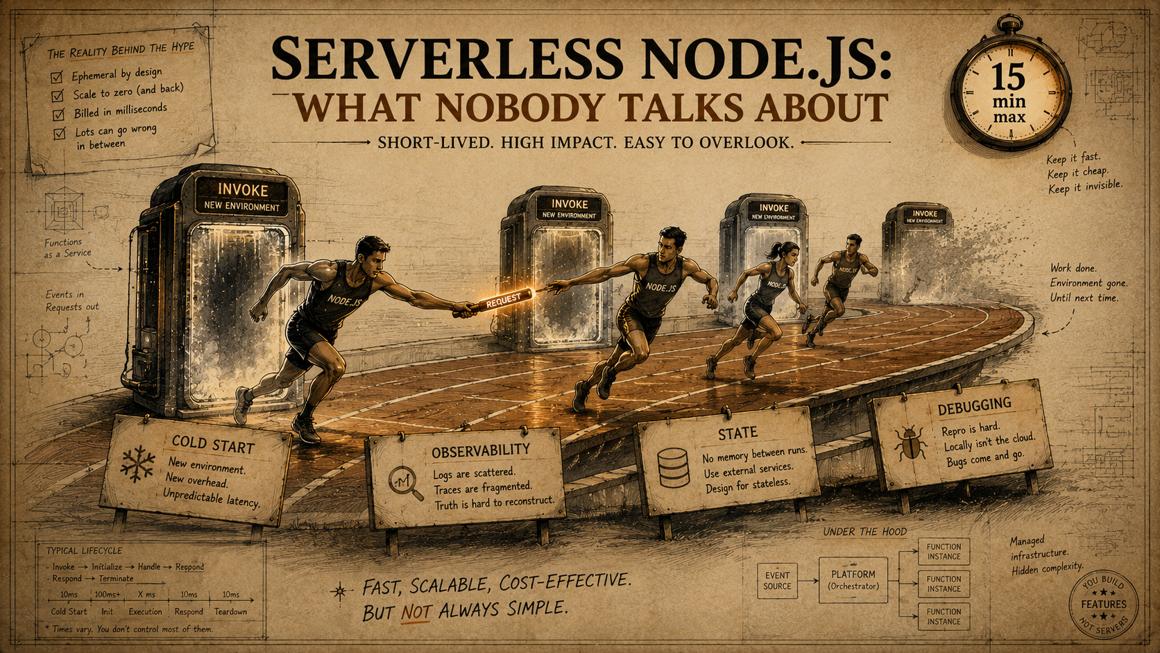 Editorial relay-race scene where runners sprint from frozen capsules across a track marked with signposts Cold Start, Observability, State, and Debugging, with a 15 min max clock in the corner — a metaphor for Node.js Lambda invocations.