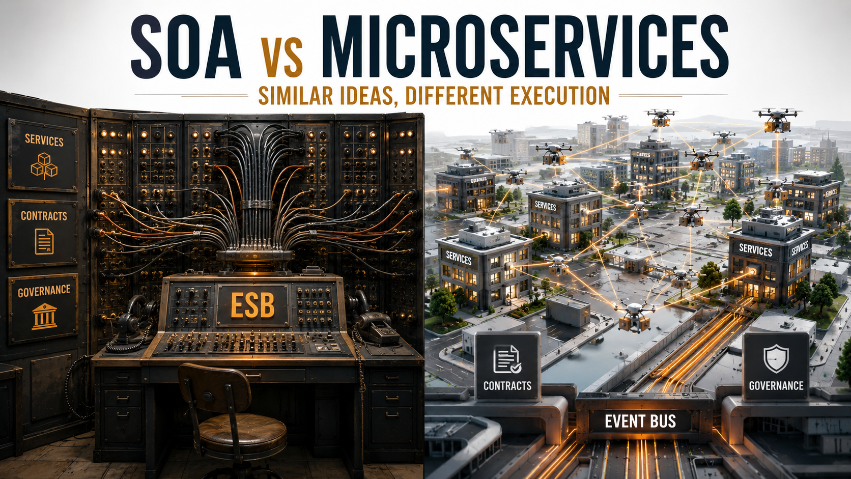 Split-canvas editorial cover contrasting an old industrial switchboard labeled ESB against a modern decentralized service-and-event-bus city map.