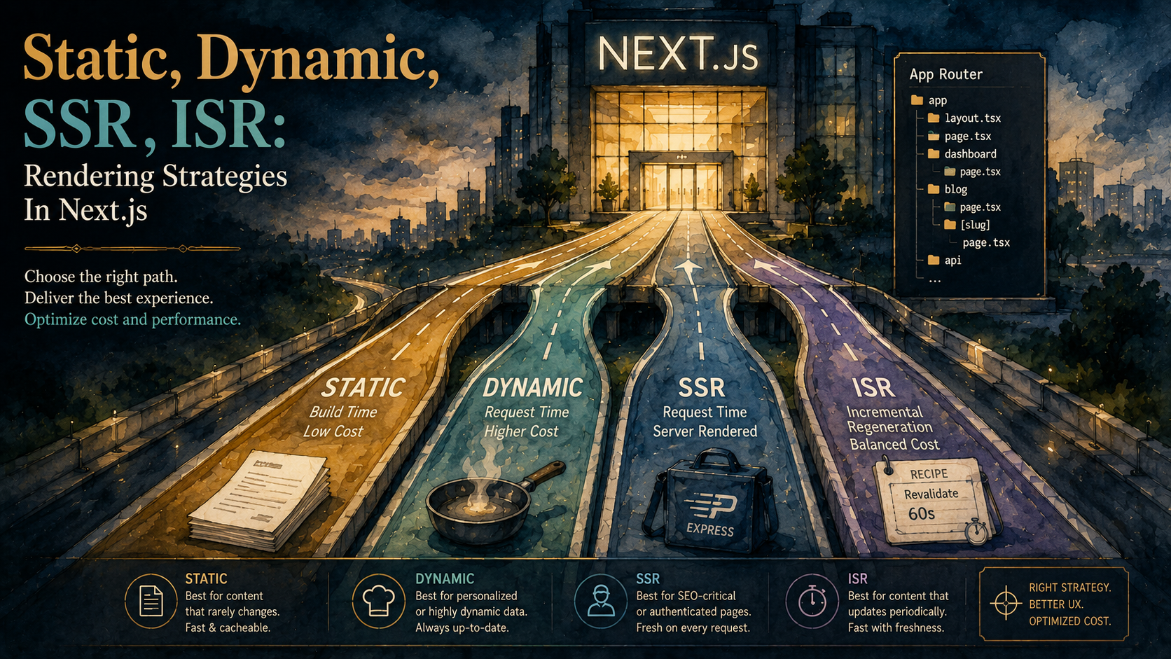 Editorial blueprint of four highway lanes labeled Static, Dynamic, SSR, and ISR converging on a Next.js App Router building entrance, each lane carrying an icon for its cost model: a printed sheet, a chef pan, a courier bag, and a recipe card with a timer.