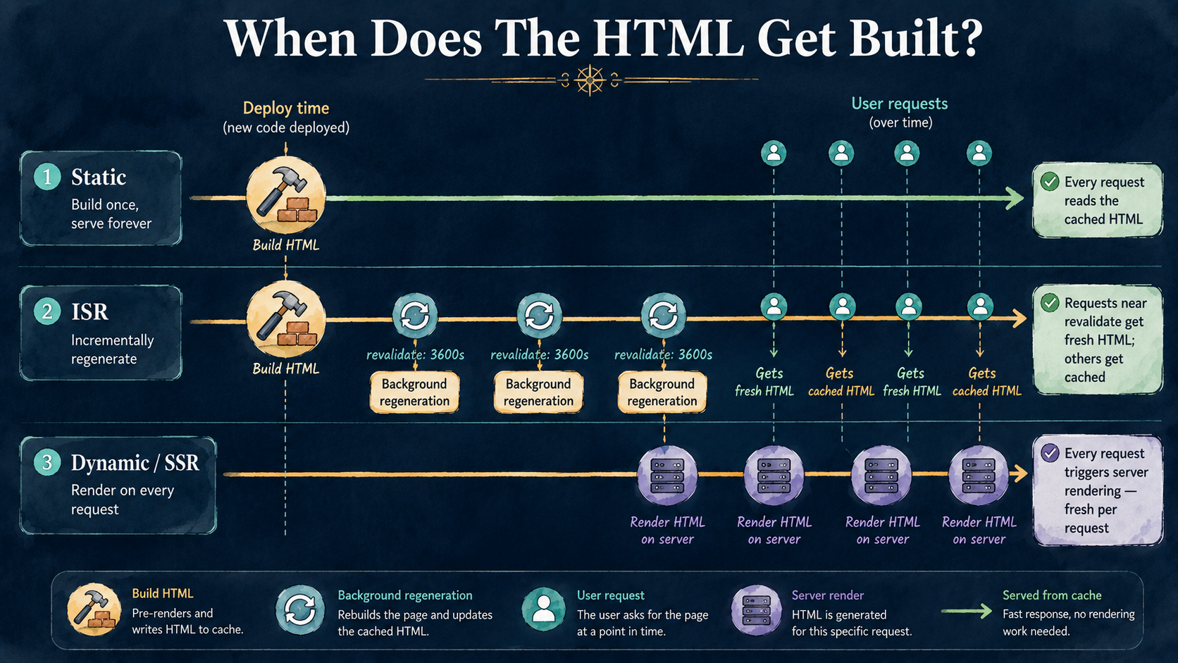 Timeline comparison showing when HTML is built for Static, ISR, and Dynamic/SSR rendering in Next.js