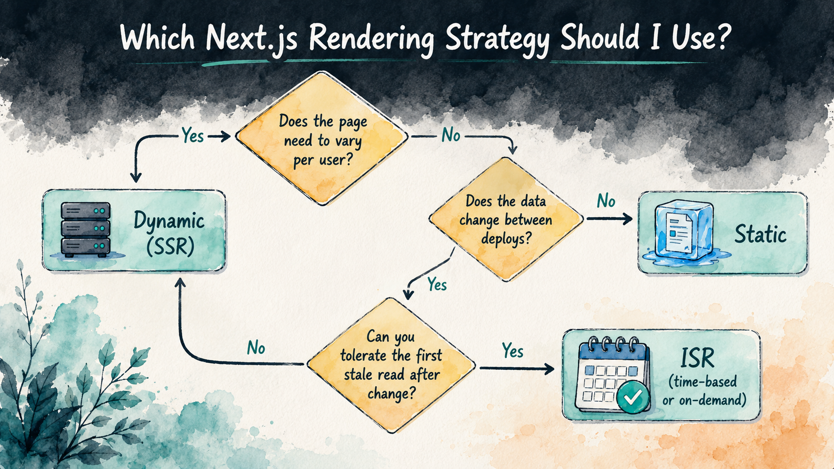 Decision flowchart for picking between Static, ISR, and Dynamic rendering in Next.js based on personalization, data change frequency, and tolerance for stale reads