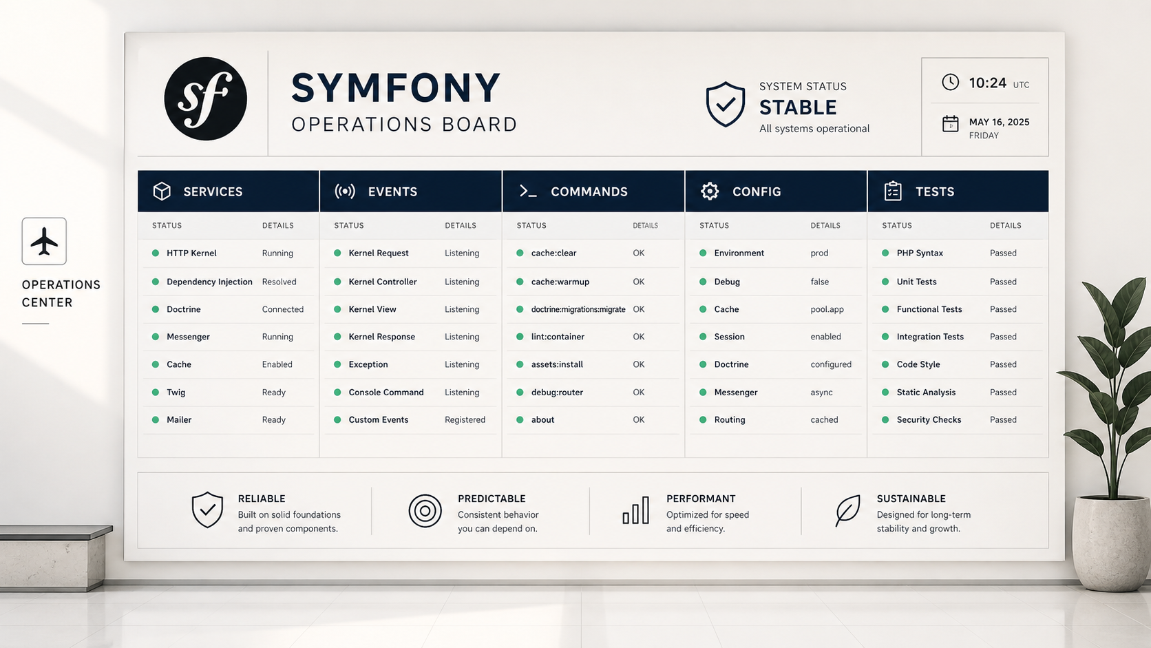 Mock "operations board" dashboard styled like an enterprise control room, listing Symfony's services, events, commands, config, and tests as separate columns with a green "All systems operational" status — a visual metaphor for predictable, sustainable, performant Symfony architecture.