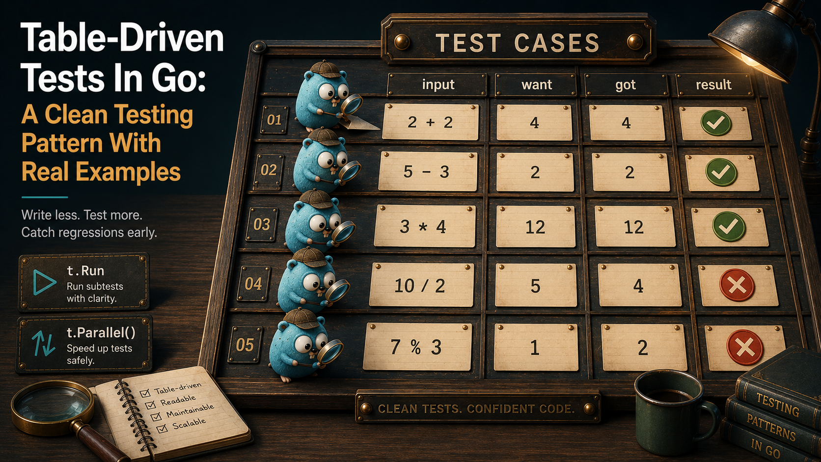A wooden inspector's table with five rows of test cases, each showing a Go gopher examining input and output cards labeled input, want, got, and result, with green checkmarks and red X marks for pass and fail