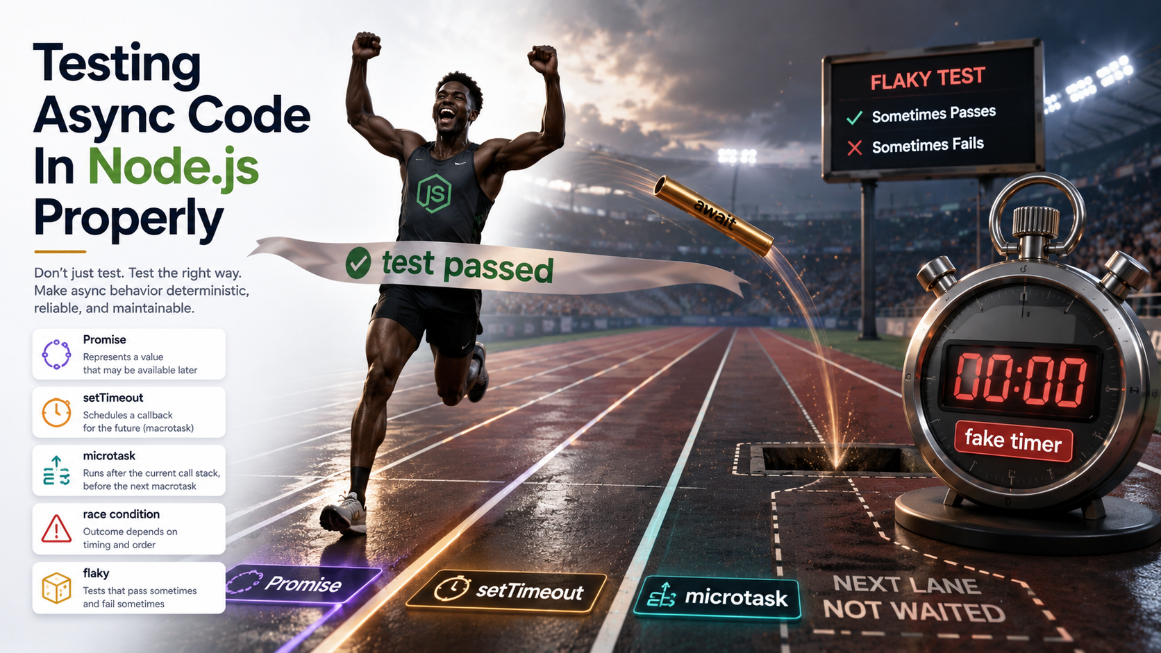Editorial cover showing a relay runner already celebrating past the test passed finish line while the baton is still mid-flight in the air, with a frozen stopwatch tagged fake timer and floating labels Promise, setTimeout, microtask, race condition, and flaky.