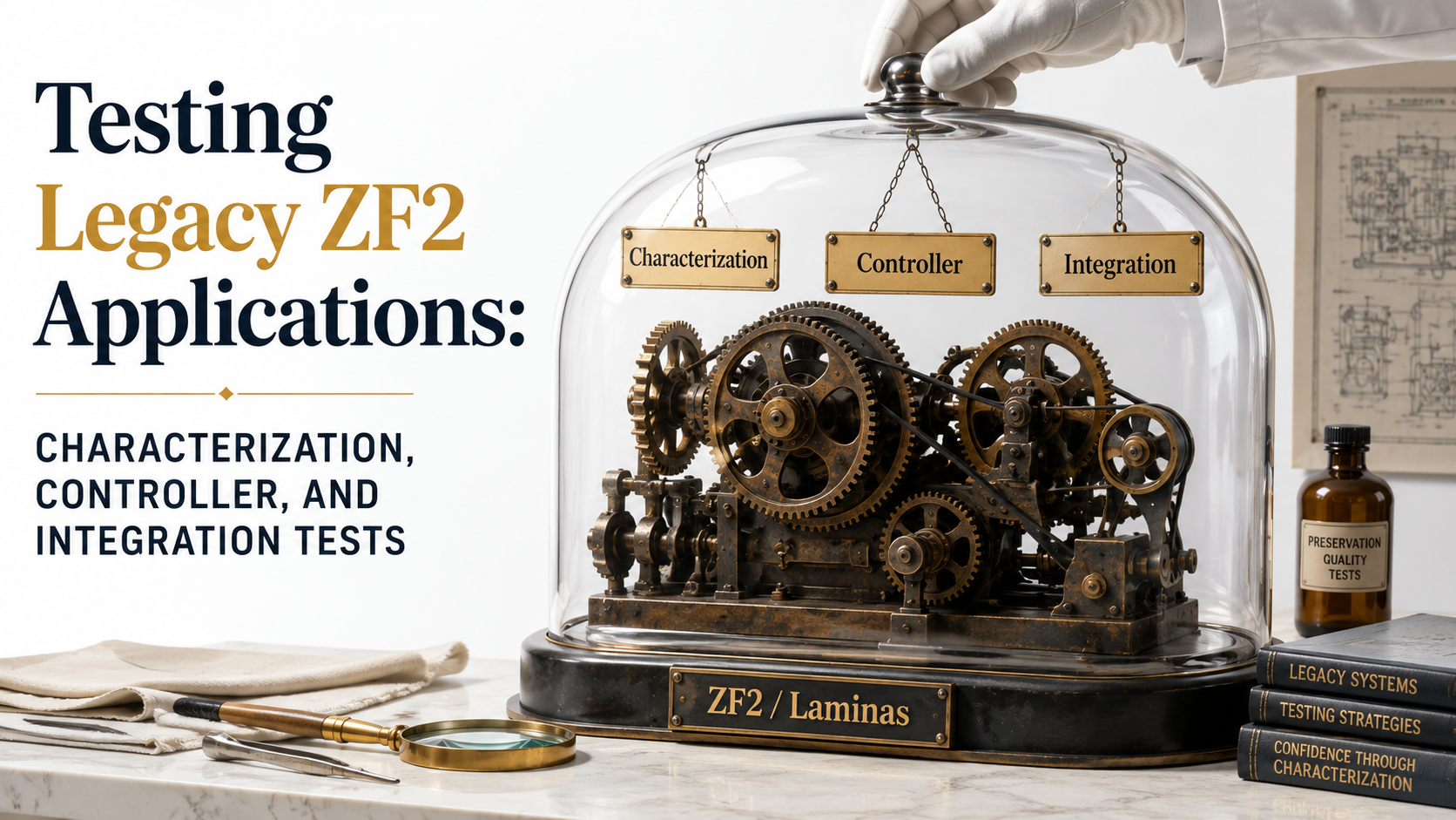 Museum restoration cover for legacy ZF2 testing: a worn bronze gear-and-pulley machine on an editorial workbench, a transparent glass safety dome being lowered over it, three labeled tags reading Characterization, Controller, Integration, and a ZF2 / Laminas plaque at the base