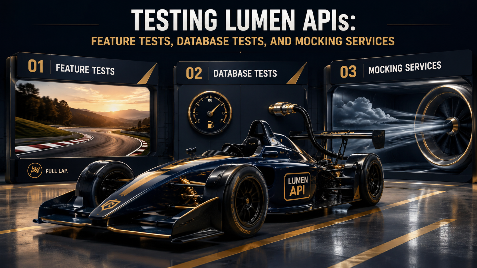 Race car representing a Lumen microservice parked at a three-station editorial test bay: Feature Tests, Database Tests, and Mocking Services, in dark navy and warm gold editorial lighting