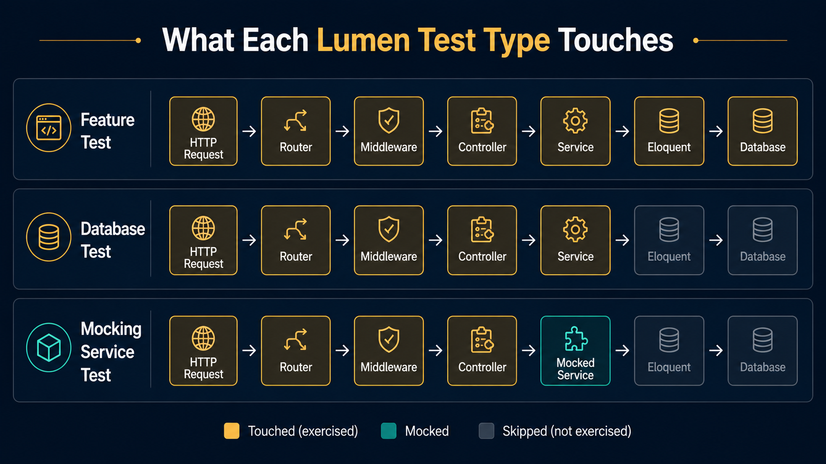 Three-lane diagram titled 'What Each Lumen Test Type Touches' showing which request-flow stages each test type exercises: feature tests cover the full chain, database tests skip HTTP, and mocking-service tests substitute a mocked service