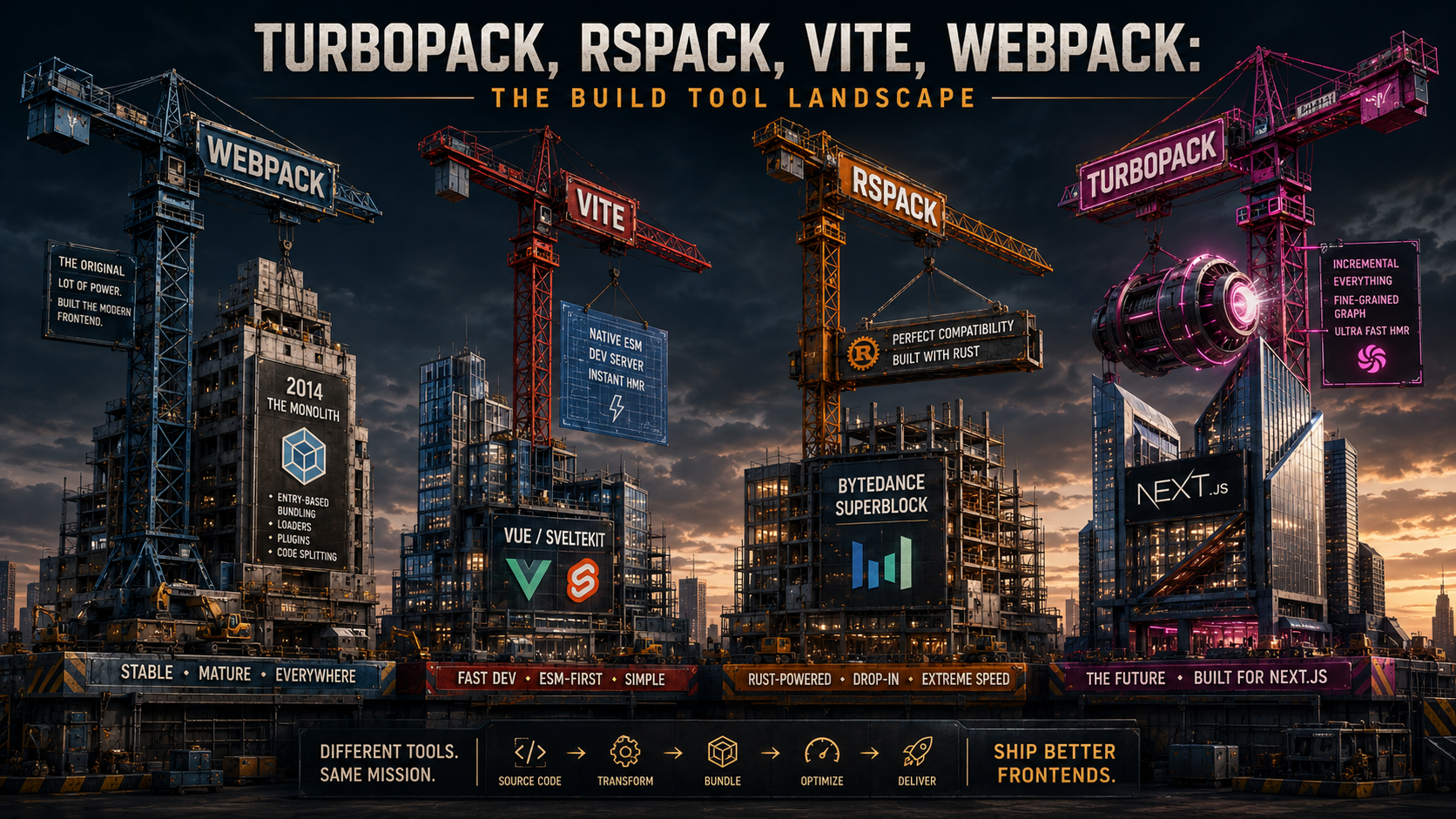 Editorial cover showing four labeled construction cranes on one skyline, Webpack, Vite, Rspack, and Turbopack, each building a different kind of structure.