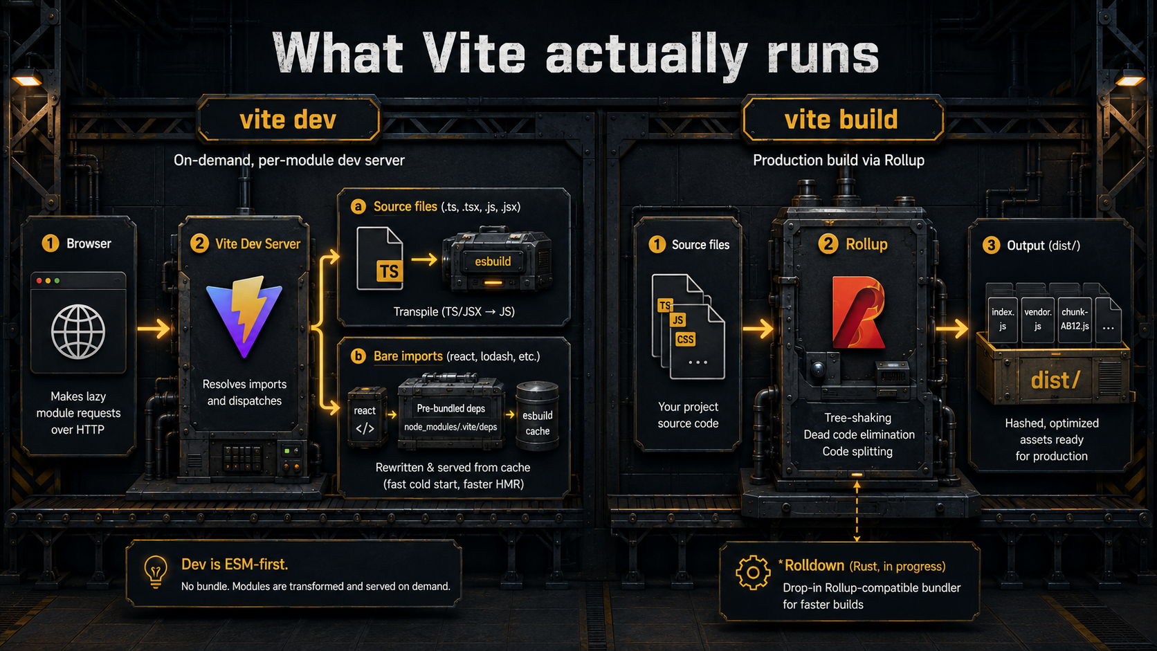 Diagram titled 'What Vite actually runs': a vite dev lane transpiling .ts through esbuild and serving pre-bundled deps, beside a vite build lane running source through Rollup for tree-shaking and chunked output, with a footnote arrow pointing to Rolldown.