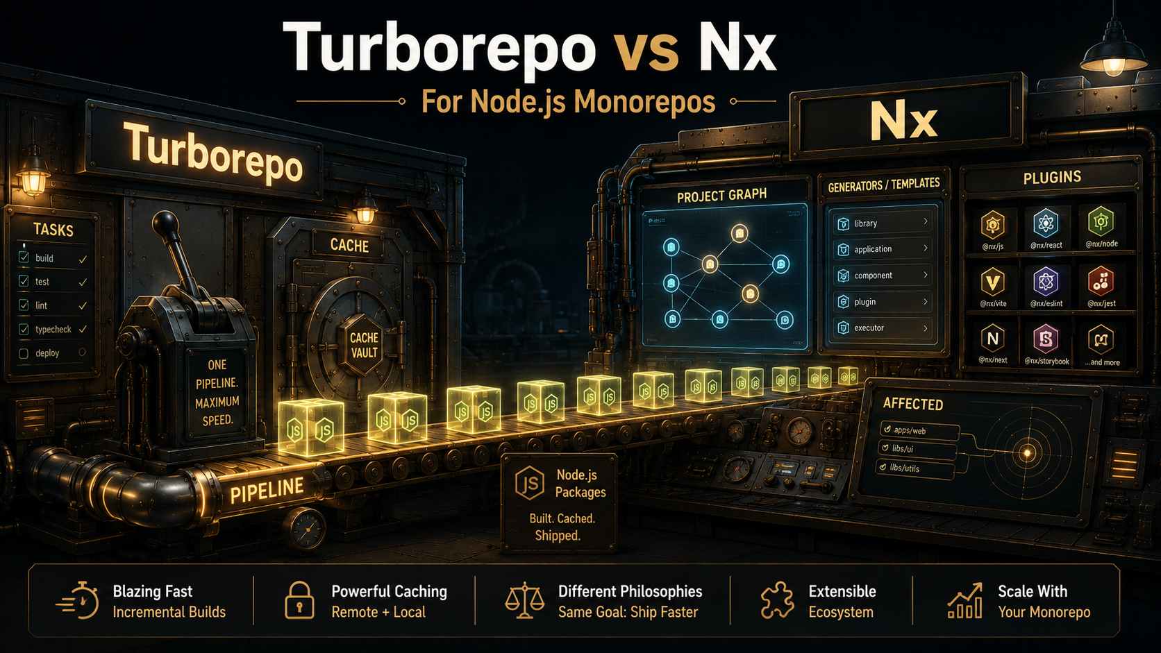 Two side-by-side editorial workshops connected by a conveyor of glowing Node.js packages: a small focused Turborepo workshop on the left and a larger instrument-filled Nx workshop on the right, with readable labels for Tasks, Cache, Project Graph, Plugins, and Affected.