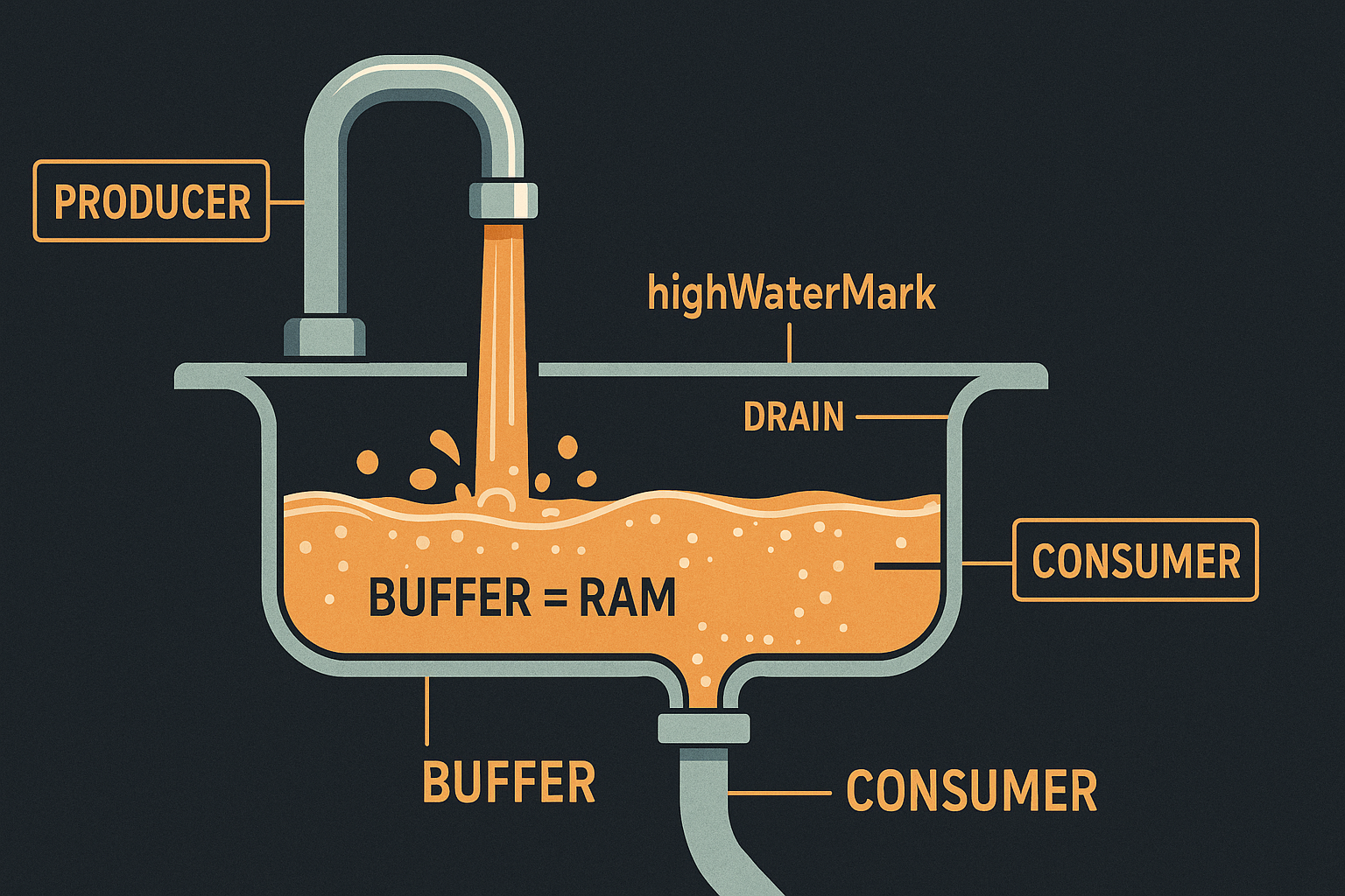 Editorial cross-section of a kitchen sink as a backpressure metaphor: a wide faucet labeled PRODUCER pours into a basin whose water level (BUFFER = RAM) is rising toward a highWaterMark line, while a narrow drain labeled CONSUMER lets water through slowly.