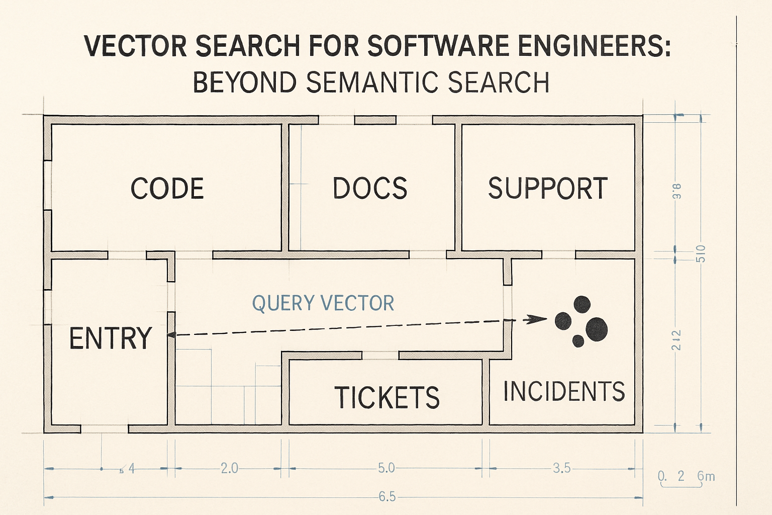 Architectural floor-plan illustration of an engineering knowledge base with labeled rooms — Code, Docs, Tickets, Support, Incidents — connected by corridors, with a dashed query vector traveling through the space