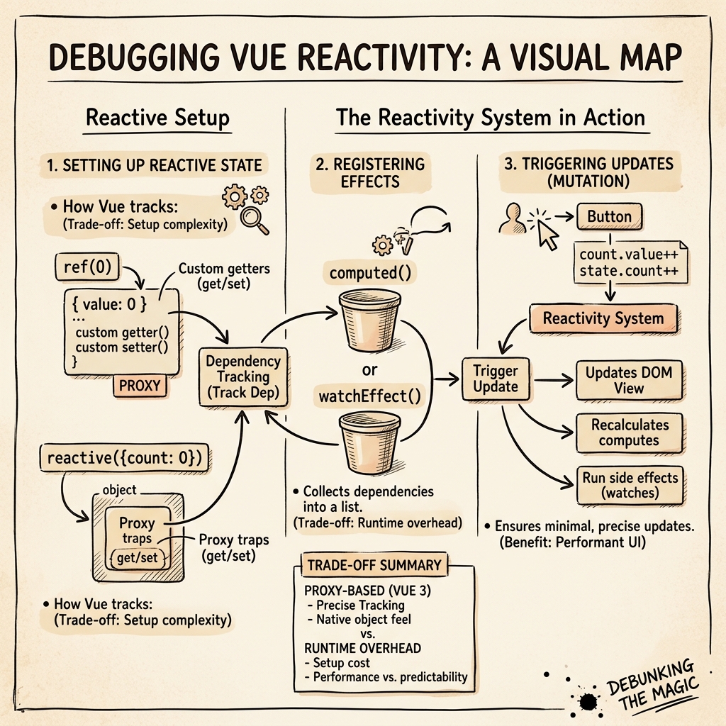 A debugging map showing a reactive object as a Proxy, three effects (render, computed, watch) registered as dependents in a small dependency graph, and arrows showing how a single property write triggers each one in turn through the scheduler.