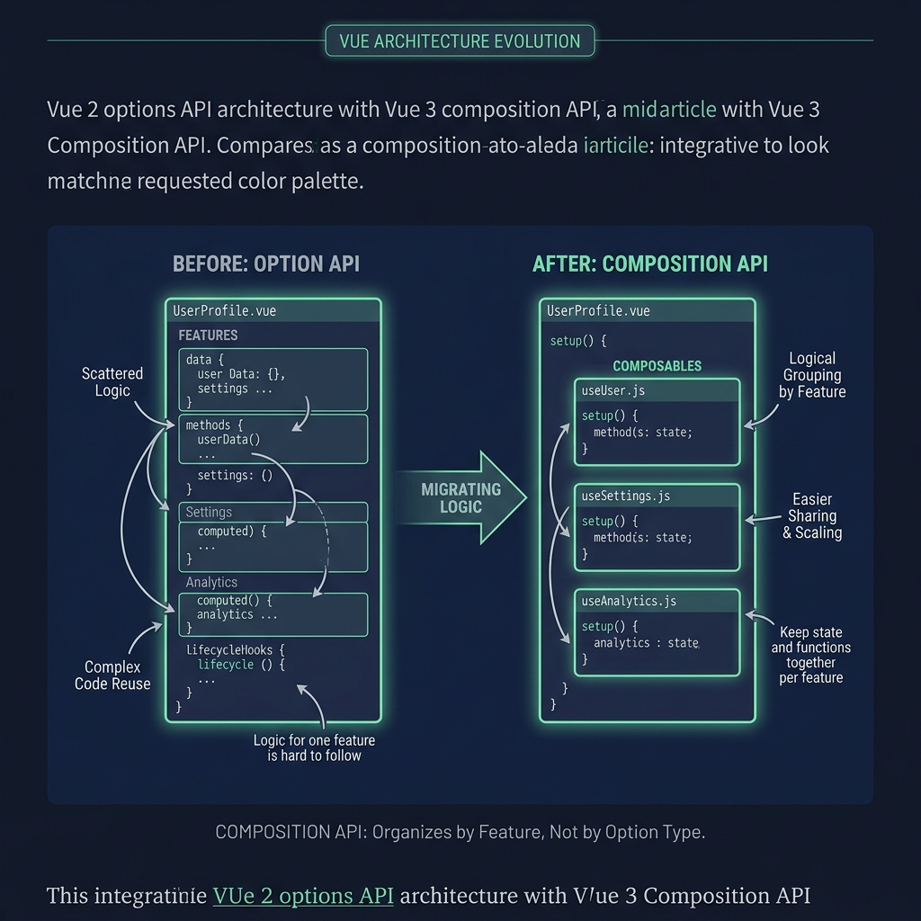 A before-and-after architecture diagram. Left: a component with all logic inside its setup, hard to share. Right: the same logic extracted into a useOrderFilters composable in a feature folder, with the component reduced to a template binding.