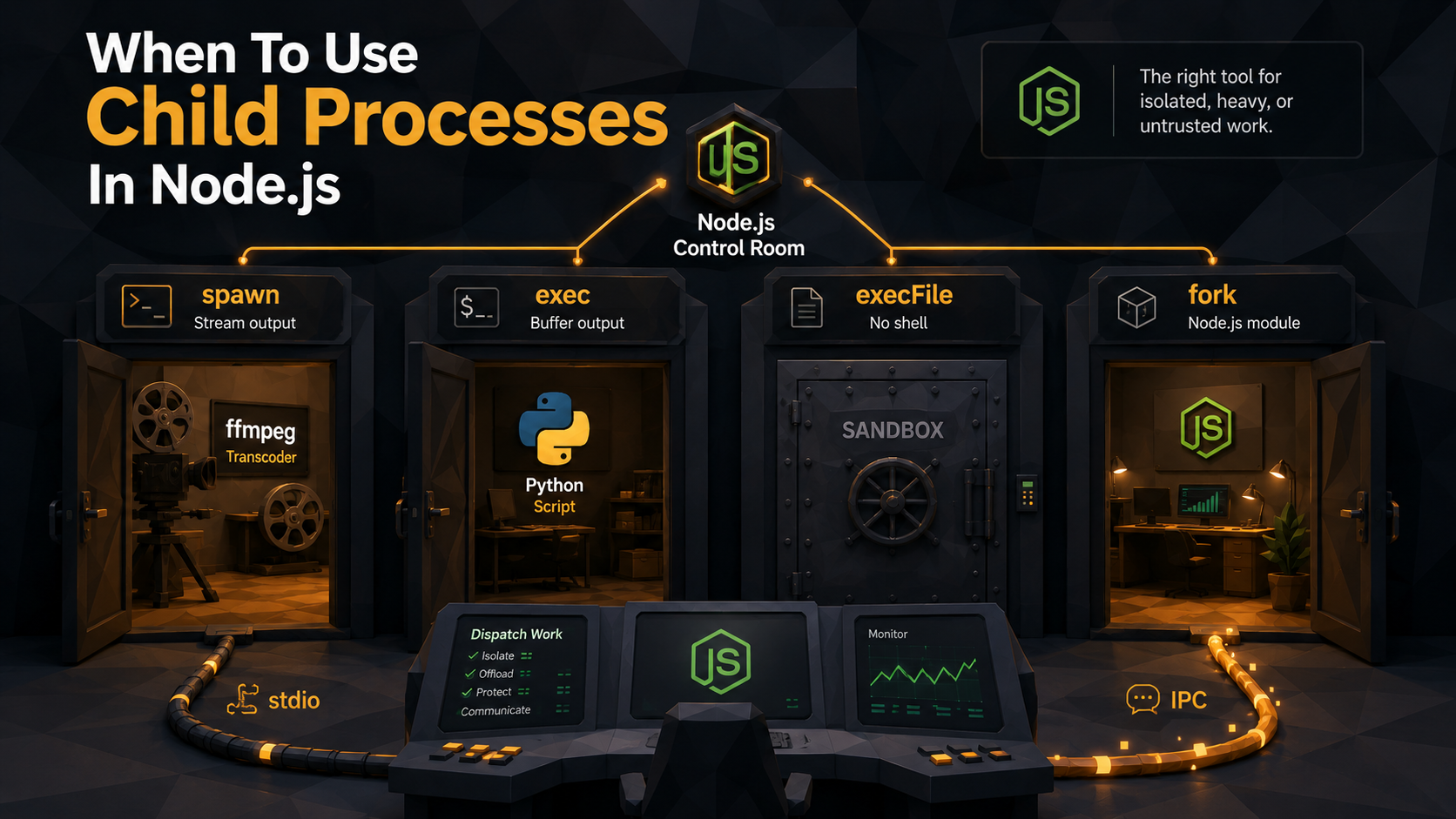A Node.js control room dispatching work through four labeled doors, spawn, exec, execFile, and fork, into separate rooms running an ffmpeg transcoder, a Python script, a sealed sandbox vault, and an IPC-connected worker.
