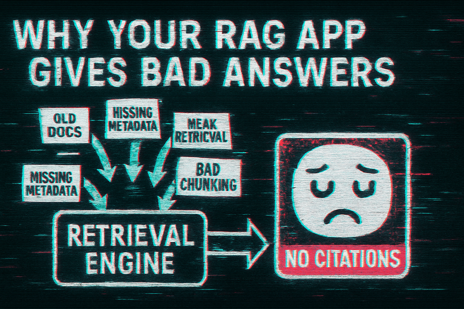 Glitch-aesthetic cover with a fractured retrieval machine: irrelevant documents feed in and a confused answer emerges, surrounded by warning labels for Bad Chunking, Weak Retrieval, Missing Metadata, Old Docs, and No Citations