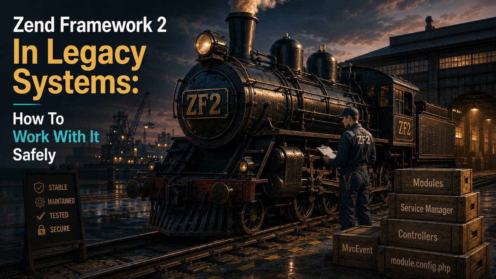Editorial cover: a vintage but well-maintained ZF2 steam locomotive running on modern rails past labelled crates (Modules, Service Manager, Controllers, MvcEvent, module.config.php), with a worker in modern overalls checking the engine.