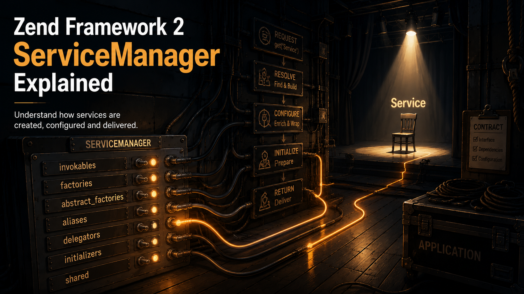 Cinematic backstage scene: a SERVICEMANAGER control panel with seven labeled switches (invokables, factories, abstract_factories, aliases, delegators, initializers, shared) wiring up to a chair on a spotlit stage labeled Service, with intermediate signs reading REQUEST, RESOLVE, CONFIGURE, INITIALIZE, RETURN, plus an APPLICATION crate in the foreground