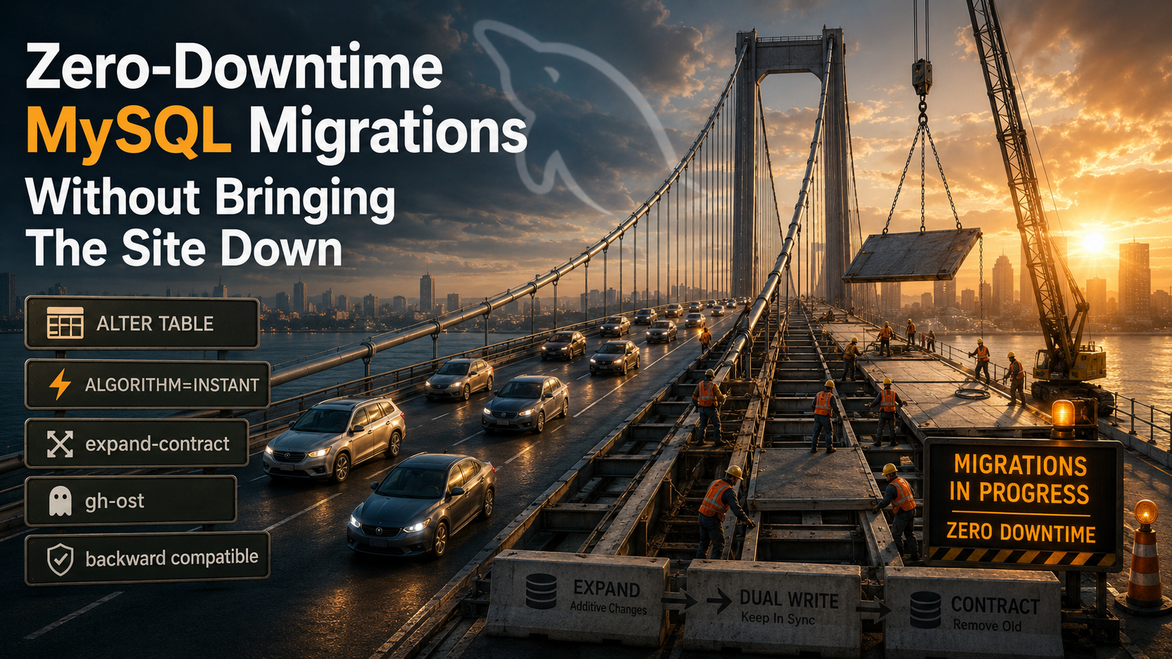 Suspension bridge being rebuilt mid-traffic, cars flow across one half while engineers swap deck panels on the other, with labels for ALTER TABLE, ALGORITHM=INSTANT, expand-contract, gh-ost, and backward compatible.