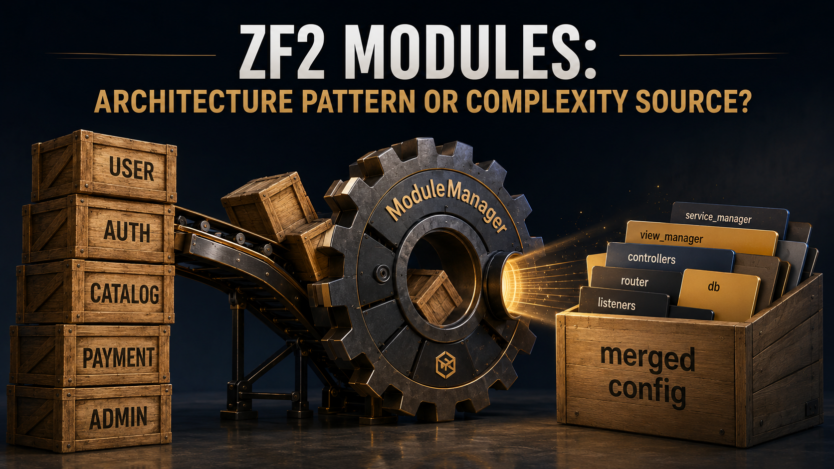 Stacked wooden crates labeled User, Auth, Catalog, Payment, Admin feeding through a brass gear labeled ModuleManager into a single open box labeled merged config, with overlapping service keys visible editorial dark navy and warm gold cover for ZF2 Modules.